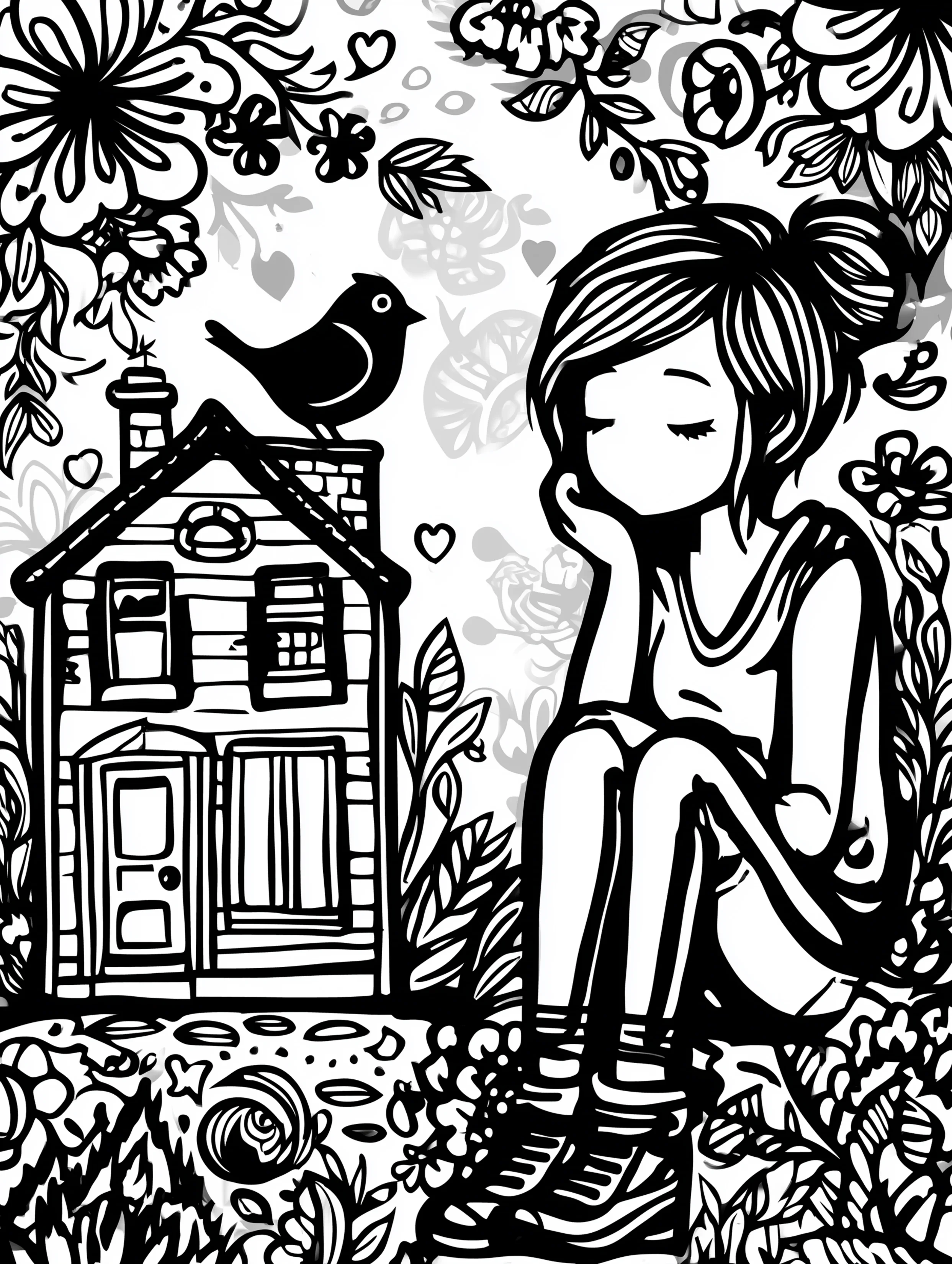 Free printable coloring page for your mom featuring a mom sitting next to a house talking to a bird
